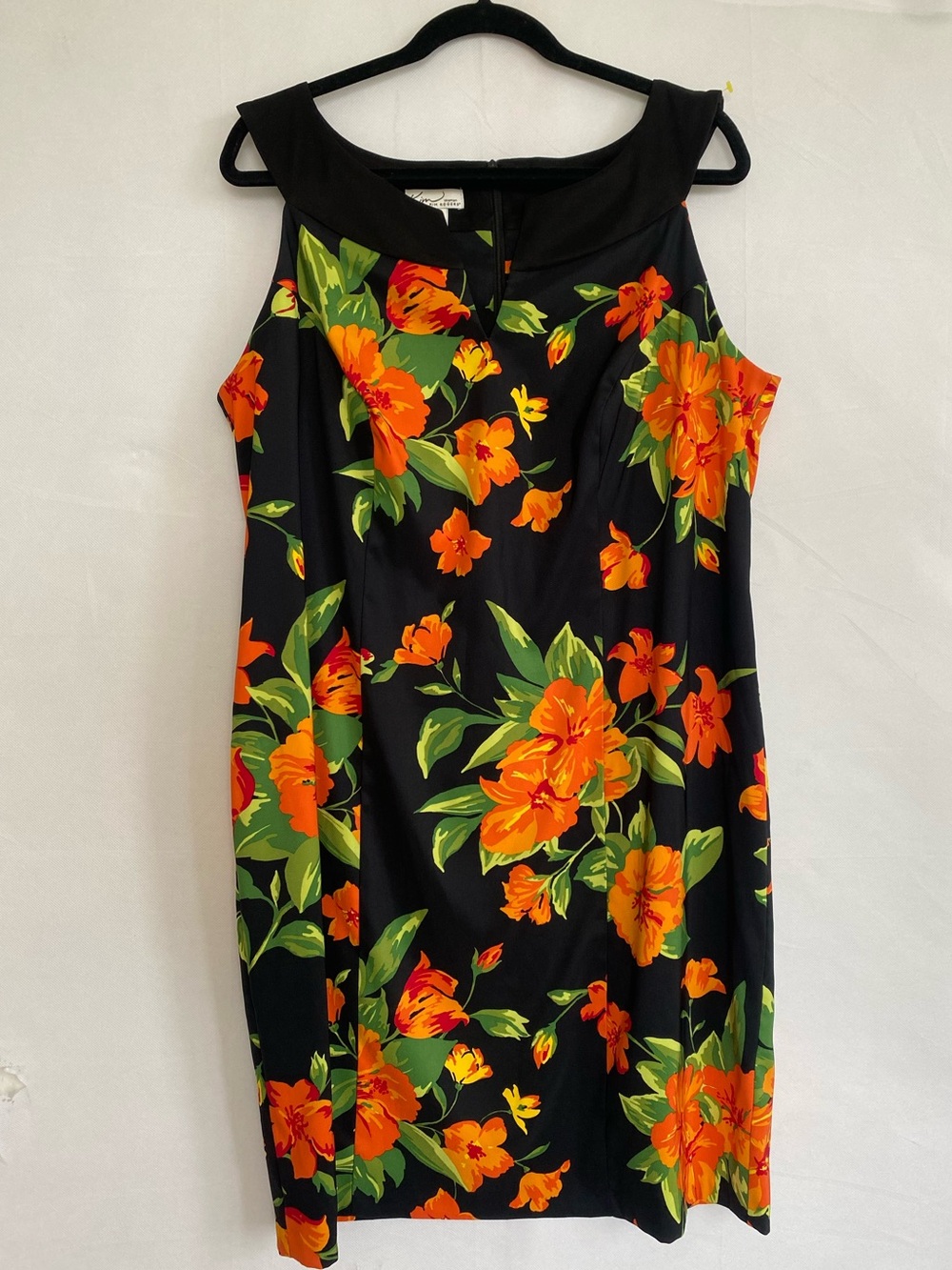 Kim Rogers Woman Floral Print Sheath Dress Black Orange Size 16W